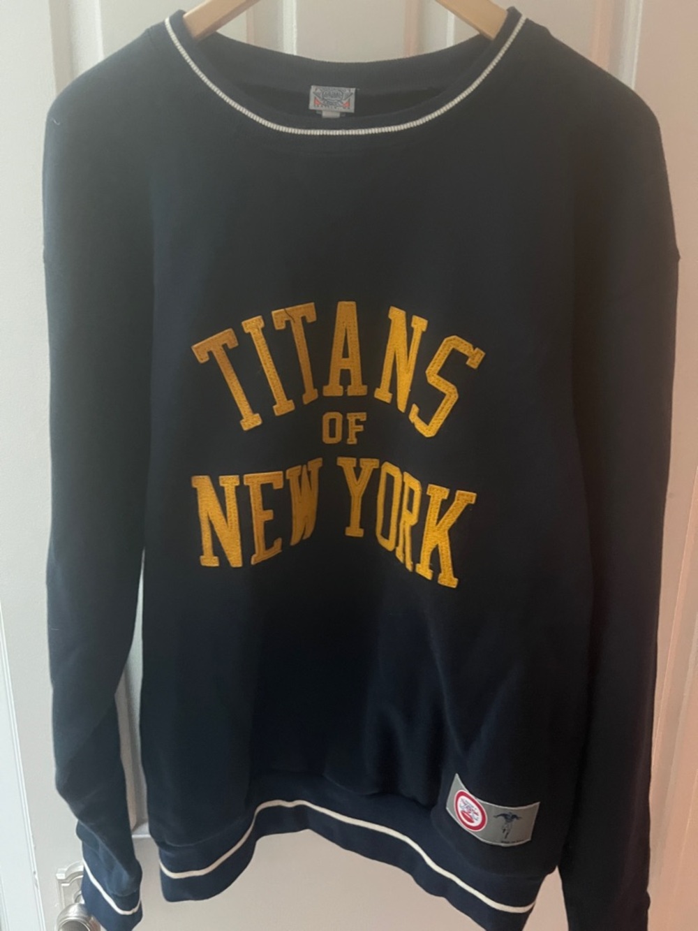 Ebbets Field Flannels Blue Crewneck Sweater with Gold Lettering